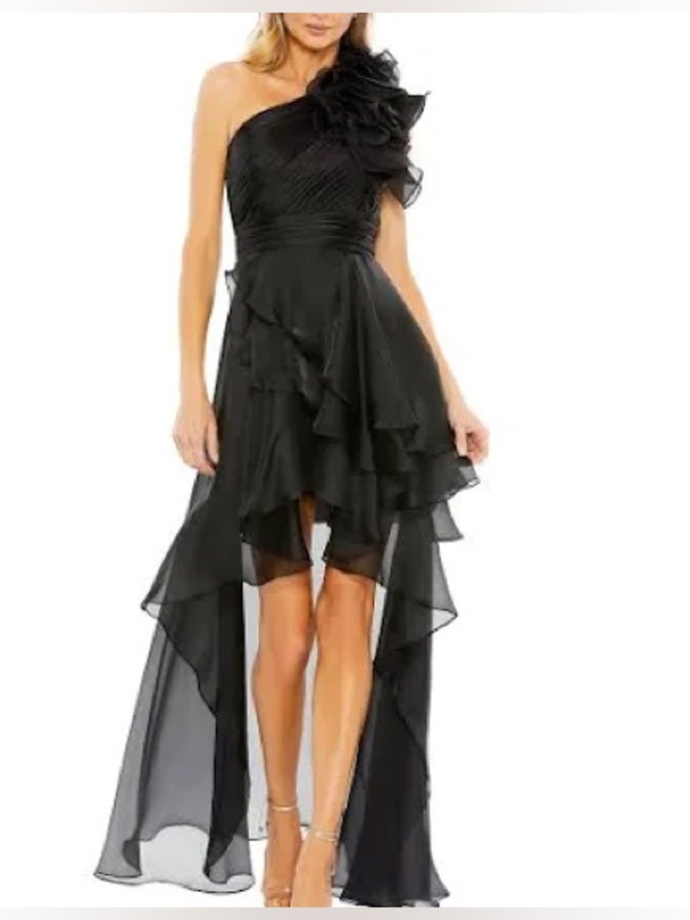 hi low ruffled 3D floral formal dress